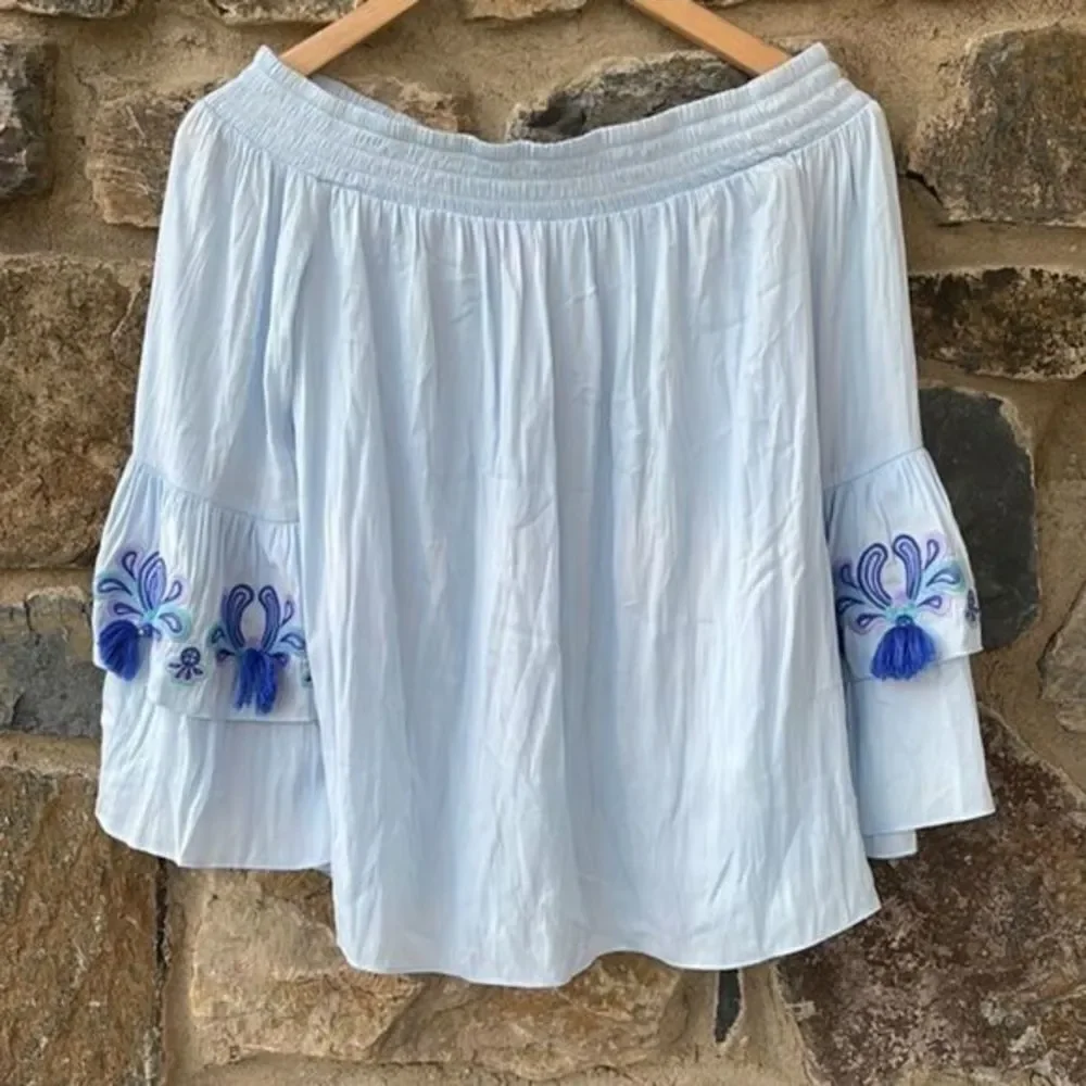 Lilly Pulitzer Tobyn Off The Shoulder Top Boho Blue Size medium Style 27940 - Picture 2 of 9